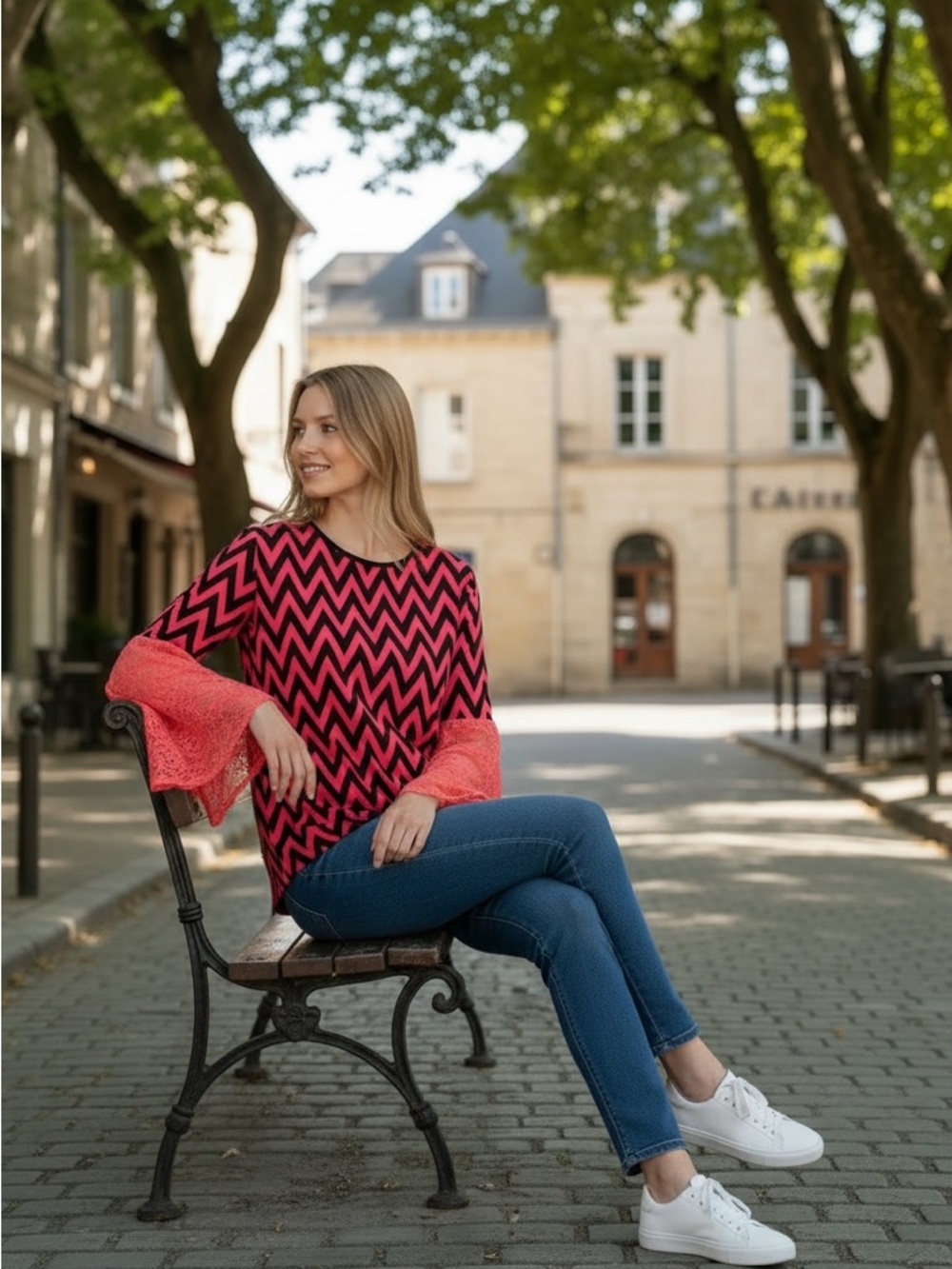 Pink & Black Chevron Flare Sleeve Top Size Large Statement Bell Sleeve Blouse - Picture 5 of 6